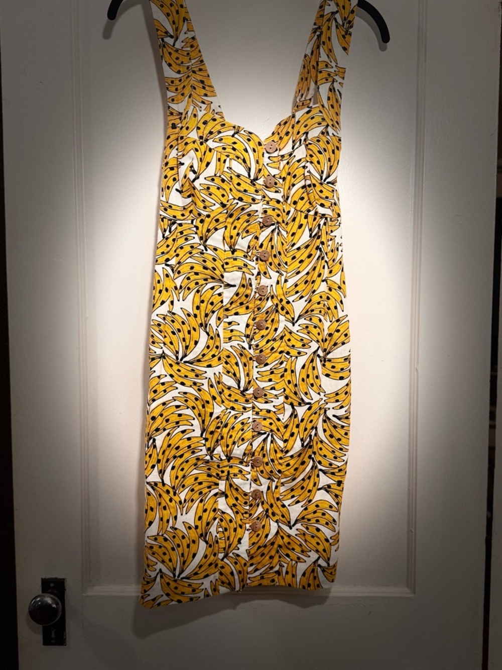 FARM Rio Linen Button-Front Yellow White Spotted Bananas mini dress M